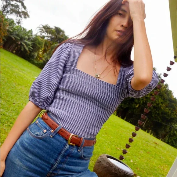 Nation LTD Navy Blue Smocked Puff Sleeve Blouse - Picture 1 of 6